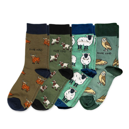 Green Farm Animals Bundle of 4 Bamboo Sock Set Socks Bare Kind