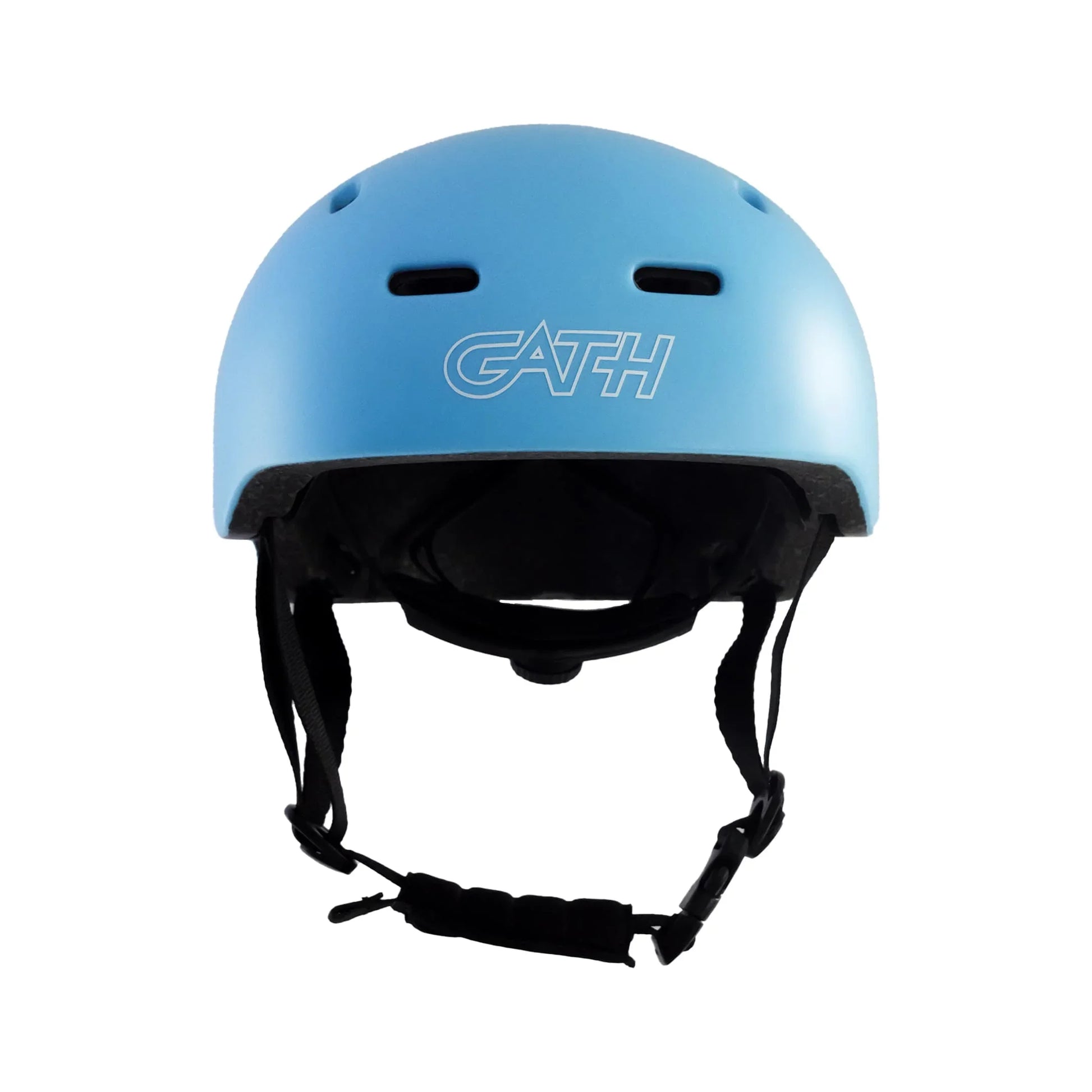 Blue Gath surf helmet with ventilation holes and chin strap, front view on white background