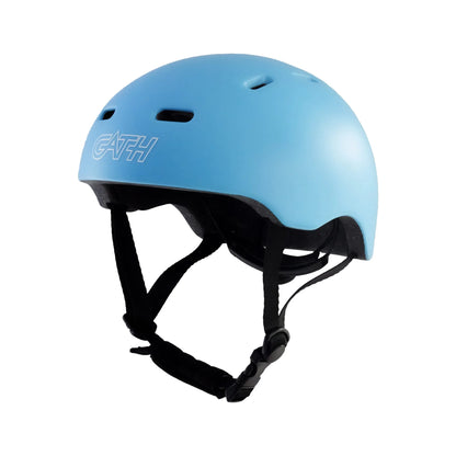 Light blue surf helmet with ventilation holes and black chin straps on white background