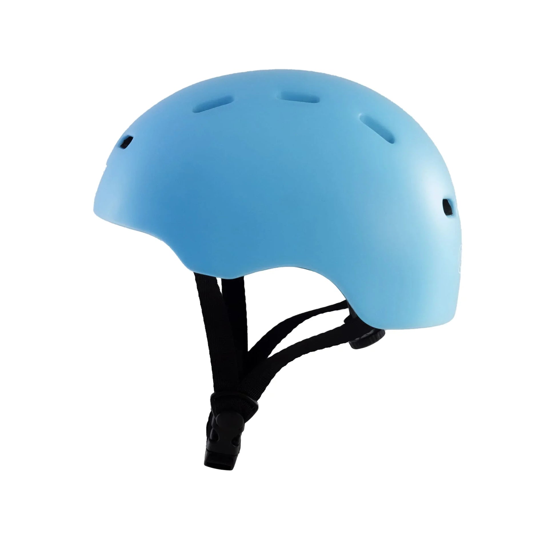 Light blue skate and surf helmet with ventilation holes and adjustable black straps