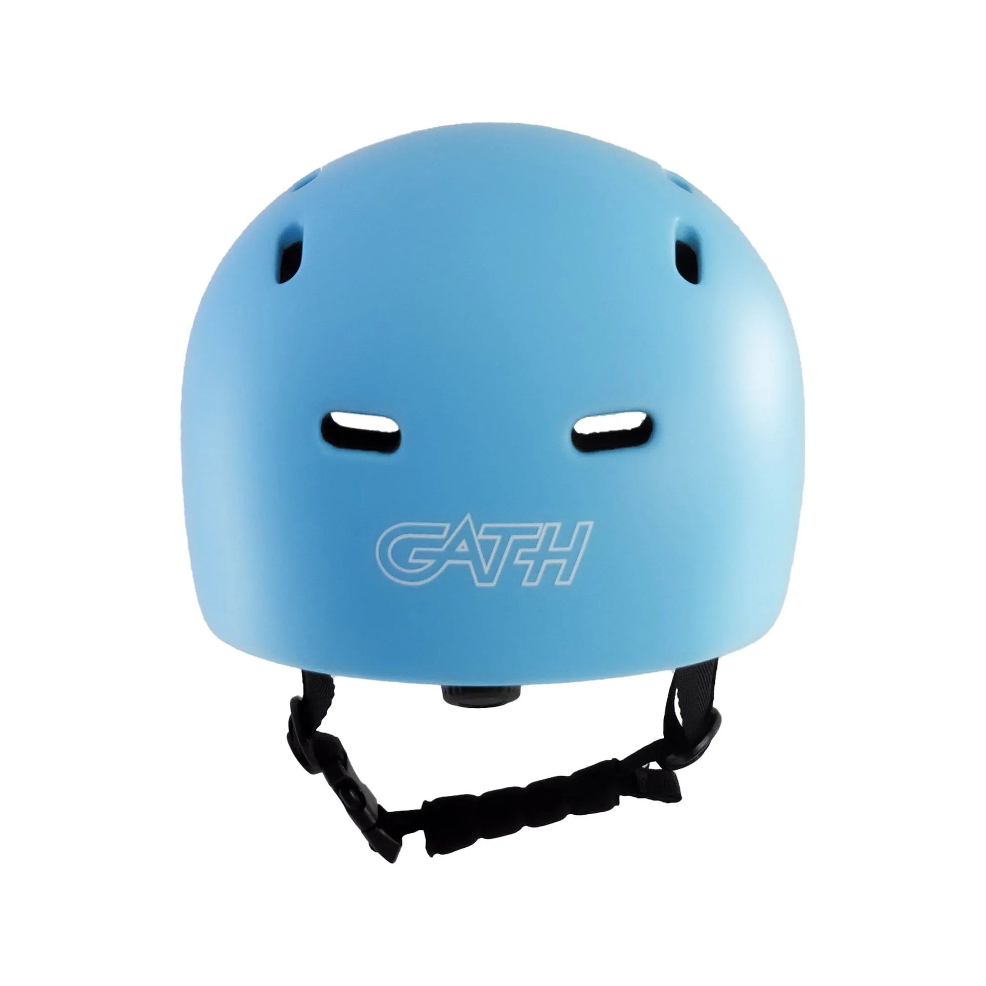 Light blue Gath surf helmet with ventilation slots and chin strap, isolated on white background.
