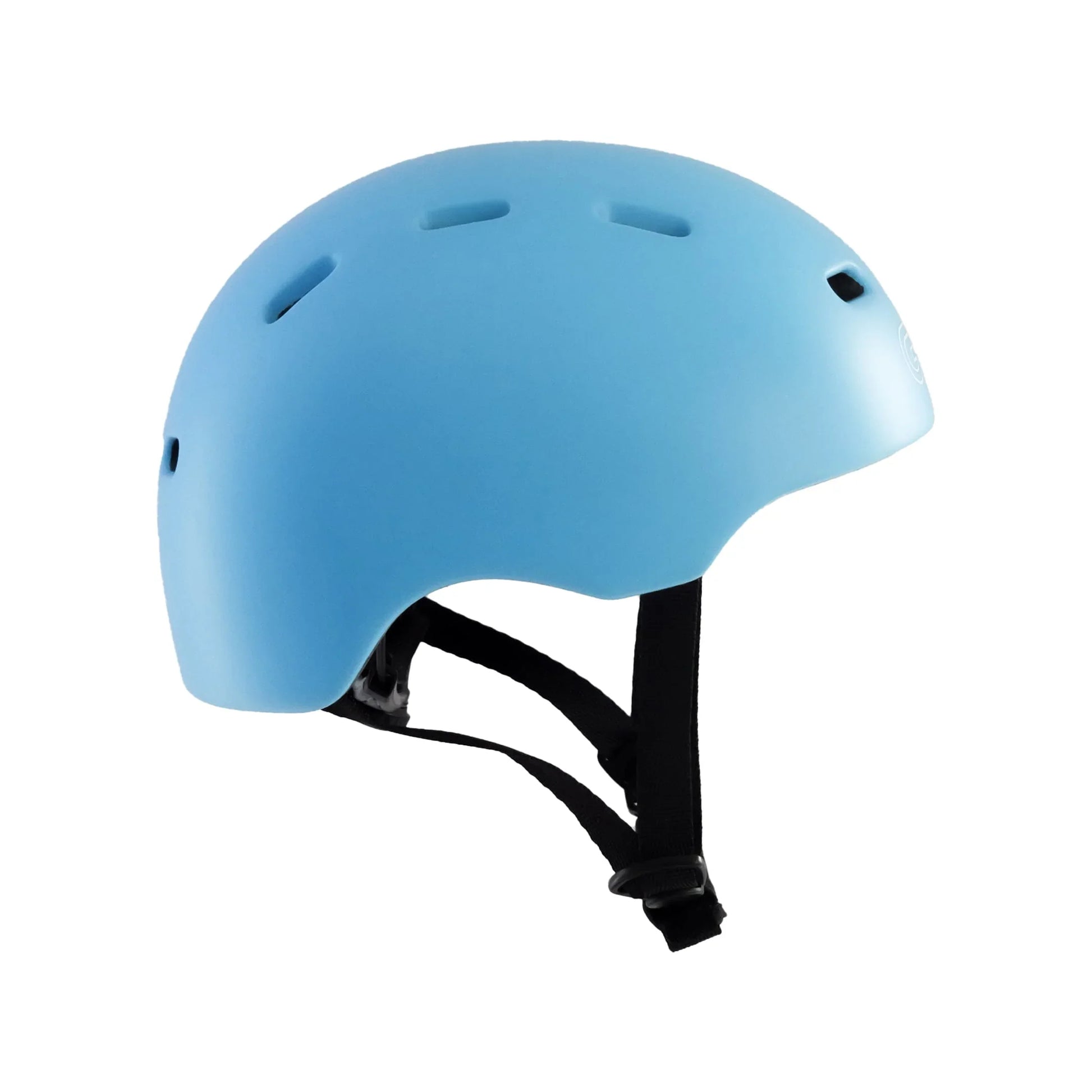 Light blue surf and skate helmet with ventilation holes and adjustable black chin strap