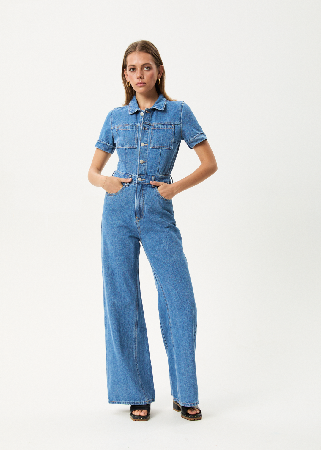 Afends Miami- Denim Flared Jumpsuit - worn blue ladies jump suit AFENDS Worn Blue M