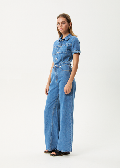 Afends Miami- Denim Flared Jumpsuit - worn blue ladies jump suit AFENDS