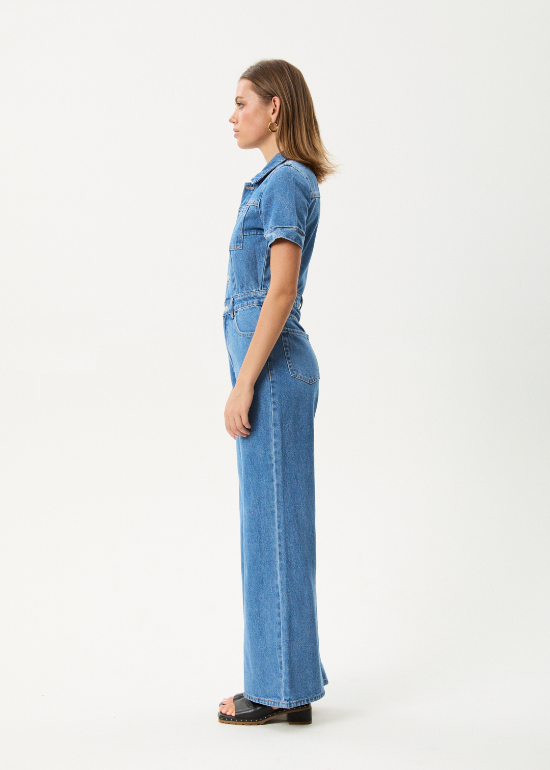 Afends Miami- Denim Flared Jumpsuit - worn blue ladies jump suit AFENDS