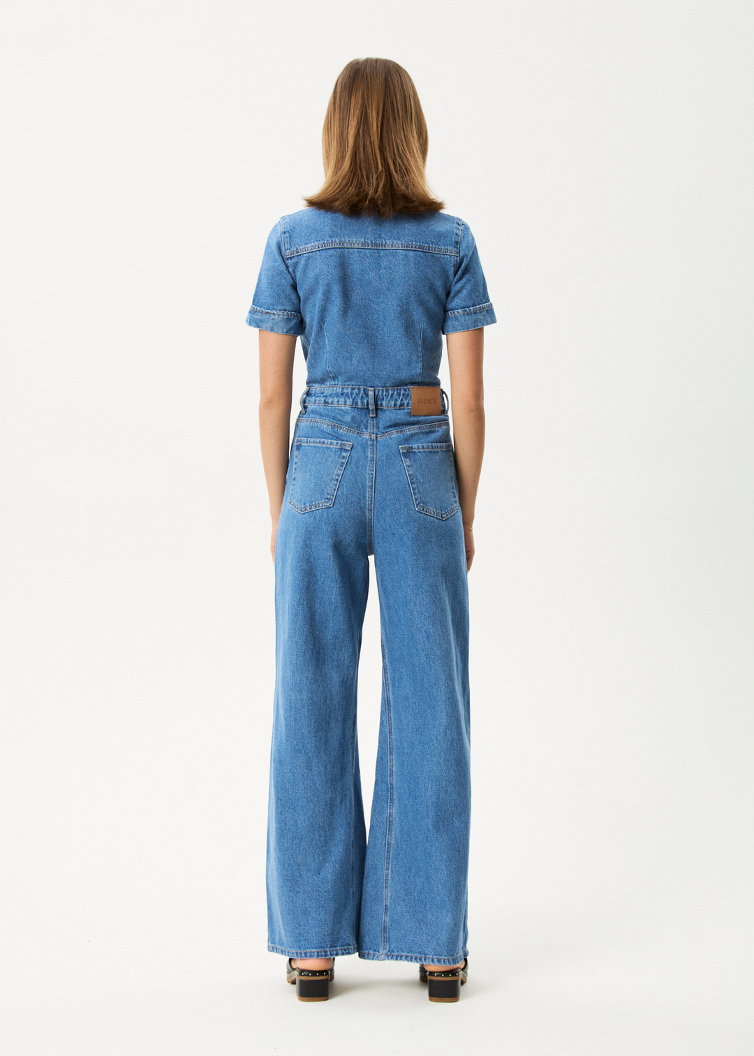 Afends Miami- Denim Flared Jumpsuit - worn blue ladies jump suit AFENDS