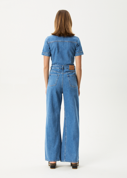 Afends Miami- Denim Flared Jumpsuit - worn blue ladies jump suit AFENDS