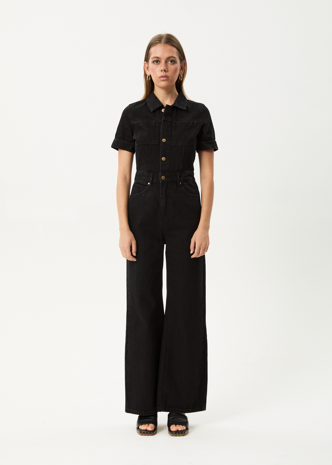 Afends Miami- Denim Flared Jumpsuit - worn blue ladies jump suit AFENDS