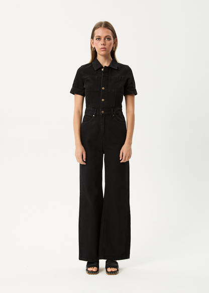 Afends Miami- Denim Flared Jumpsuit - worn blue ladies jump suit AFENDS