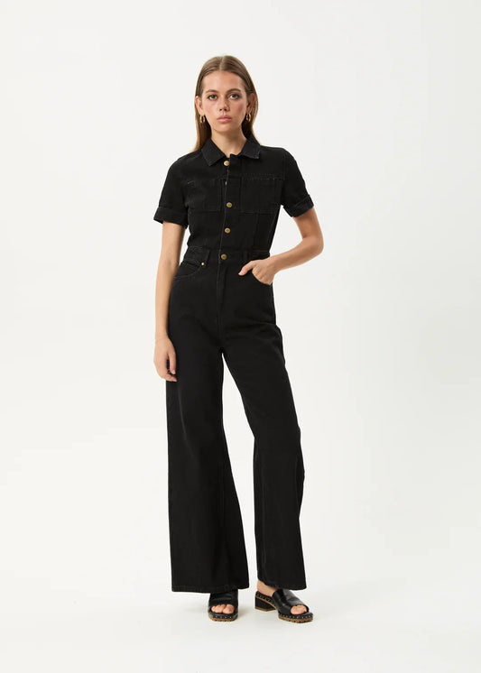 Afends Miami- Denim Flared Jumpsuit - worn blue ladies jump suit AFENDS Washed Black S