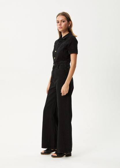 Afends Miami- Denim Flared Jumpsuit - worn blue ladies jump suit AFENDS