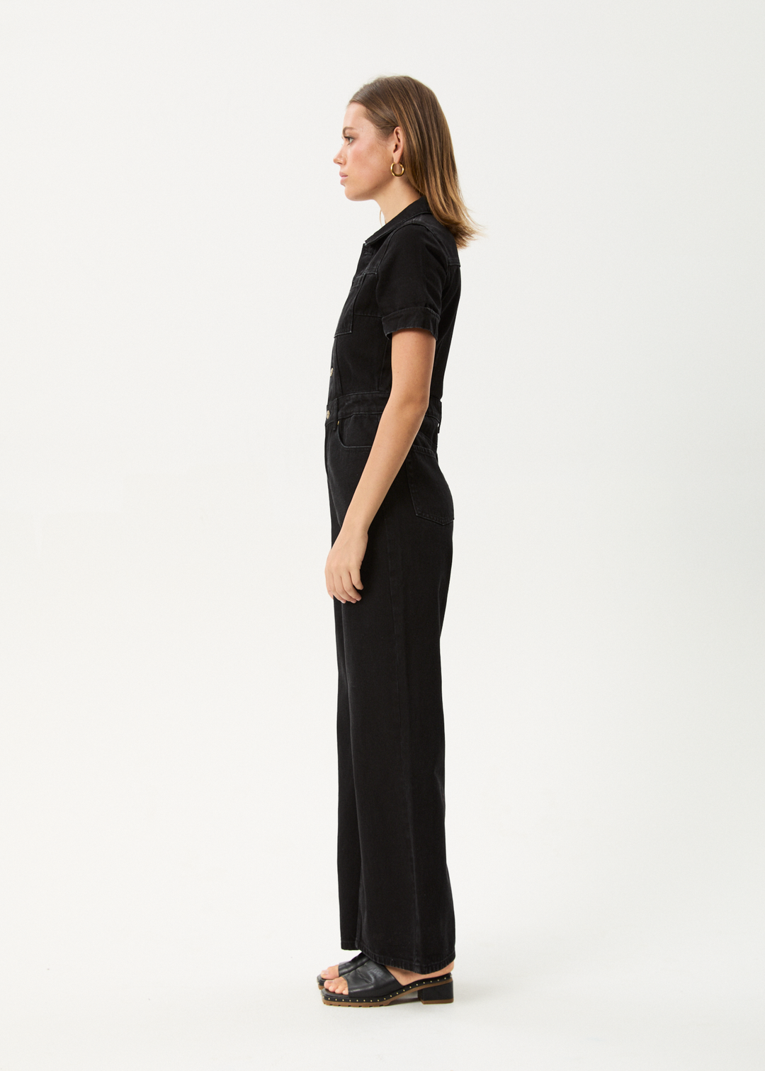 Afends Miami- Denim Flared Jumpsuit - worn blue ladies jump suit AFENDS