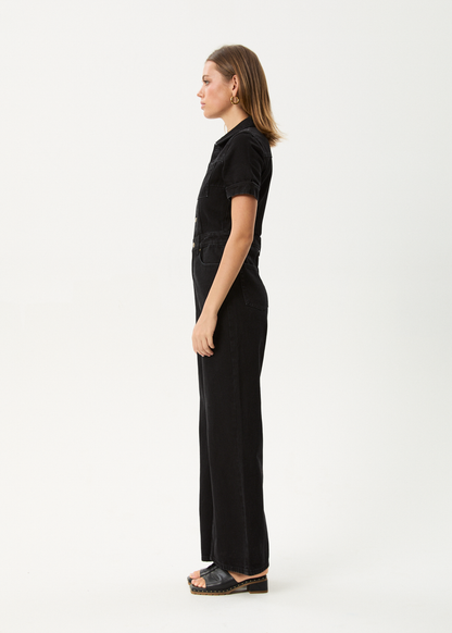 Afends Miami- Denim Flared Jumpsuit - worn blue ladies jump suit AFENDS