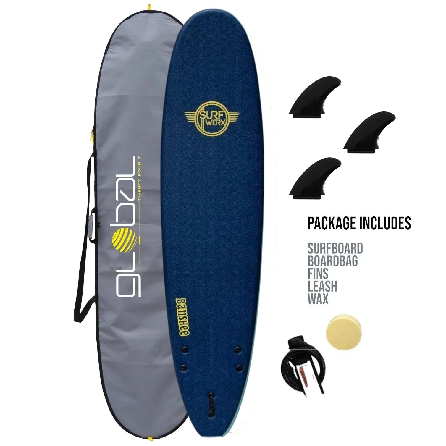 Surfworx Banshee Midnight Blue Mini Mal Soft Surfboard 9ft 0 Starter Package Foamie Surfboard Surfworx 9'0 Midnight Blue
