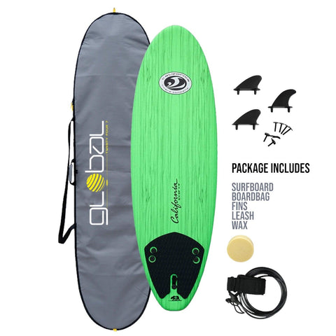 California Board Company CBC Mini Mal Soft Surfboard 6ft Package - Green Wood Grain - Bob Gnarly Surf