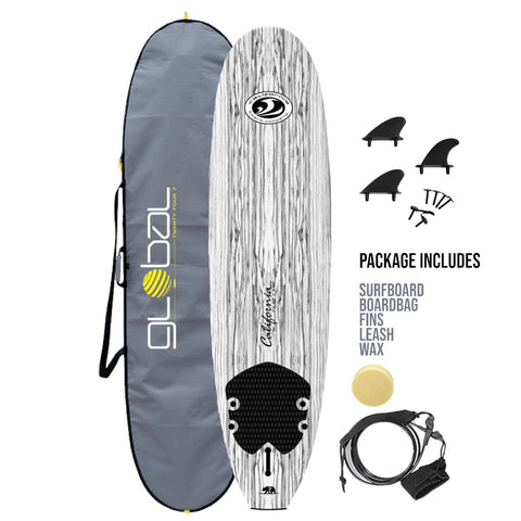 California Board Company CBC Mini Mal Soft Surfboard 7ft Package - White Wood Grain - Bob Gnarly Surf