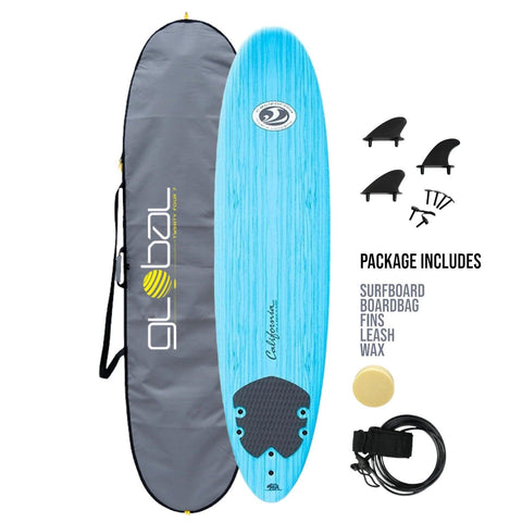 California Board Company CBC Soft Surfboard 7ft 6 Package - Blue Wood Grain - Bob Gnarly Surf