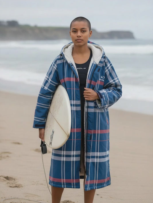 Sola Waterproof Dry Changing Robe Coat Navy Check Poncho Sola