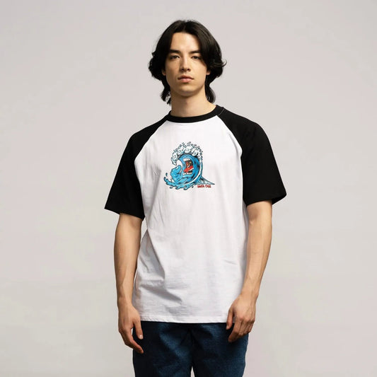 Santa Cruz Screaming Wave Raglan T-Shirt White/Black - Bob Gnarly Surf