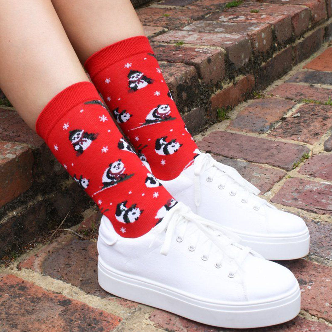 Red Skiing Panda Bamboo Socks Socks Swole Panda