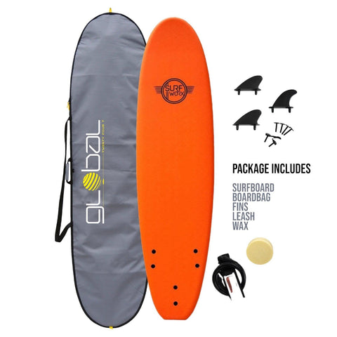 Surfworx Base Mini Mal Foam surfboard 7ft 0 Orange Package - Bob Gnarly Surf