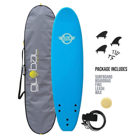 Surfworx Base Mini Mal soft surfboard 7ft 0 Azure Blue Package - Bob Gnarly Surf