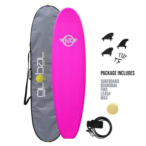 Surfworx Base Mini Mal soft surfboard 7ft 0 Pink Package - Bob Gnarly Surf