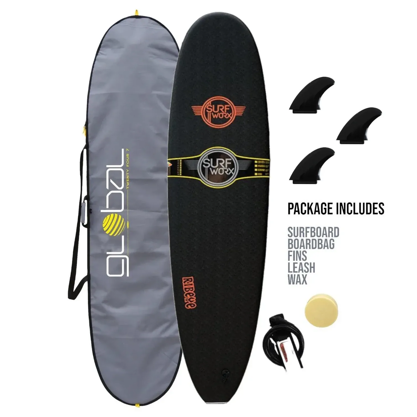 Surfworx Ribeye Black Mini Mal Soft Surfboard 7ft 6 Starter Package