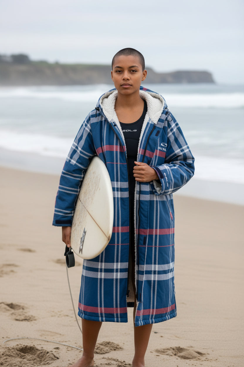 Sola Waterproof Dry Changing Robe Coat Navy Check Poncho Sola