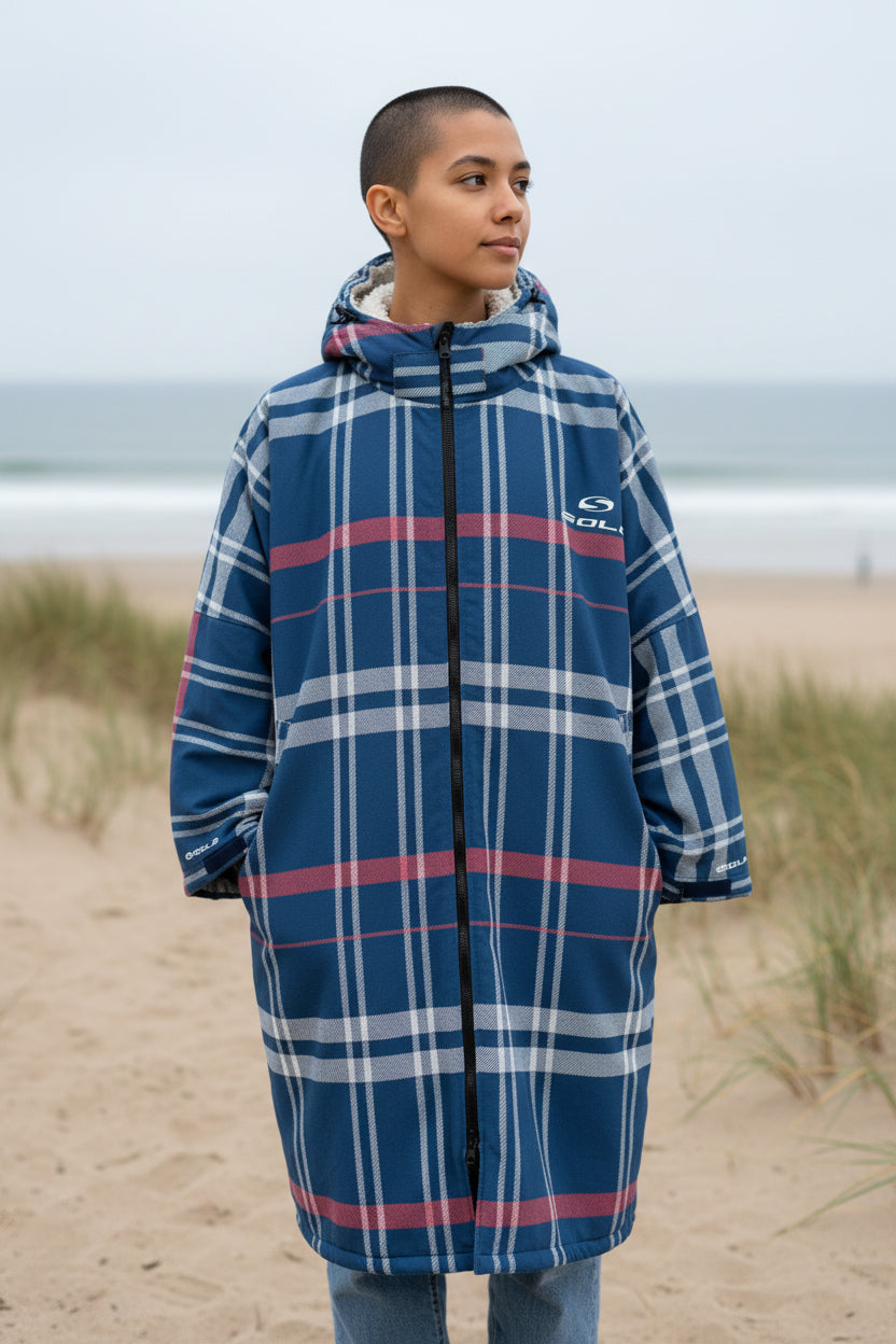 Sola Waterproof Dry Changing Robe Coat Navy Check Poncho Sola