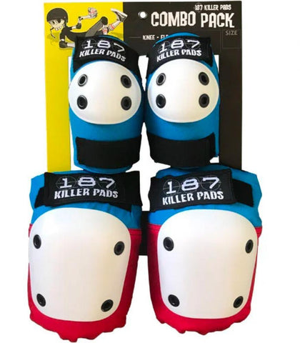 187 Killer Pads Adult Combo Skate Pad Pack Knee & Elbow Red/Blue - Bob Gnarly Surf